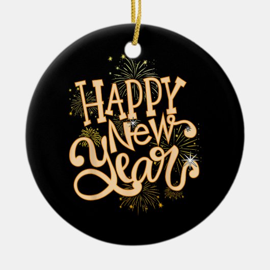 ハッピーニューイヤー新年イブパーティー女性男性の家族 セラミックオーナメント (正面)