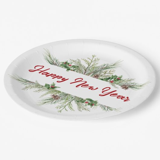 ハッピーニューイヤー枠の冬のウィースグリーティング ペーパープレート (アングル)