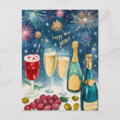 ハッピーニューイヤー水彩バブリー花火 シーズンポストカード (正面)