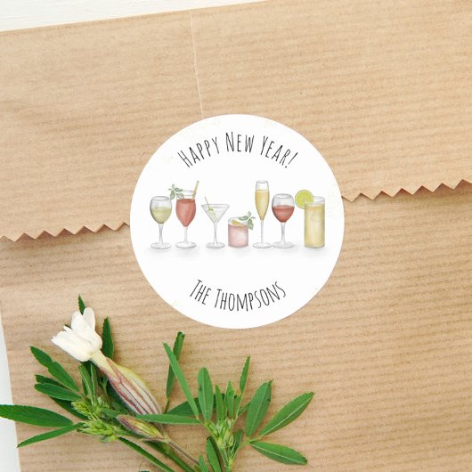 ハッピーニューイヤー水彩可愛いカクテルドリンク ラウンドシール