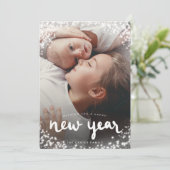 ハッピーニューイヤー白白熱［赤熱］光を放つ雪写真 シーズンカード (スタンド正面)