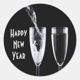 ハッピーニューイヤー白黒シャンパンガラスフェスティバル ラウンドシール