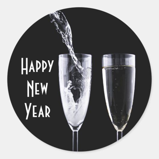 ハッピーニューイヤー白黒シャンパンガラスフェスティバル ラウンドシール (正面)