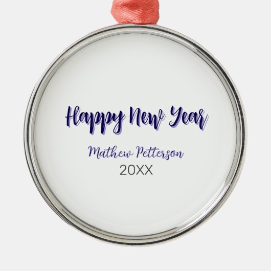 ハッピーニューイヤー紫ブラックの追加の名前の年のシンプル メタルオーナメント (正面)