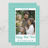 ハッピーニューイヤー緑のハートギンガムプレイド写真 シーズンカード (正面/裏面)