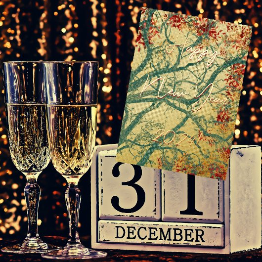 ハッピーニューイヤー緑の木の赤離れい 箔グリーティングカード