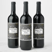 ハッピーニューイヤー花火とシャンパンブラック金ゴールド ワインラベル (ボトル)