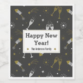 ハッピーニューイヤー花火とシャンパンブラック金ゴールド ワインラベル (シングルラベル)