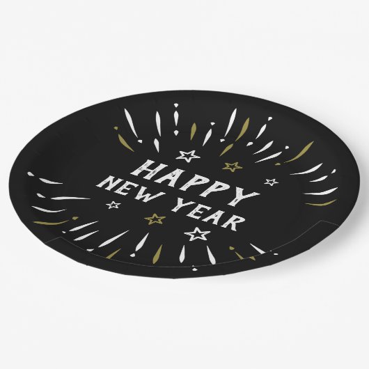ハッピーニューイヤー花火白黒金ゴールドスター ペーパープレート (アングル)