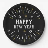 ハッピーニューイヤー花火白黒金ゴールドスター ペーパープレート (正面)