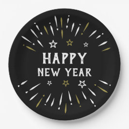 ハッピーニューイヤー花火白黒金ゴールドスター ペーパープレート