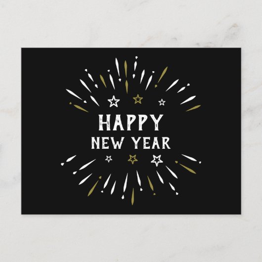 ハッピーニューイヤー花火白黒金ゴールドスター ポストカード (正面)