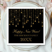 ハッピーニューイヤー金ゴールドとブラックストリングライトカスタム スタンダードカクテルナプキン