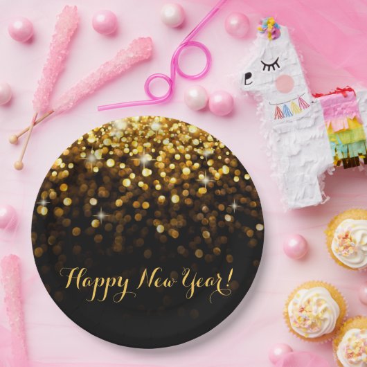 ハッピーニューイヤー金ゴールドグリッターが新年のイブを輝かせる ペーパープレート (パーティー)