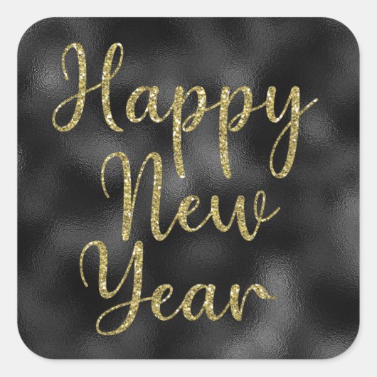 ハッピーニューイヤー金ゴールドグリッターオンブラックメタリック スクエアシール (正面)