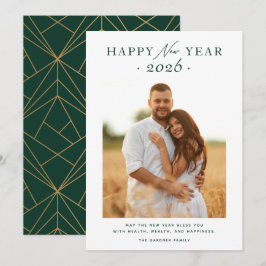ハッピーニューイヤー金ゴールドグリーンジオメトリックフォト シーズンカード