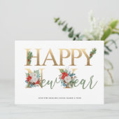 ハッピーニューイヤー金ゴールドグリーンポインセチア&パイン シーズンカード (スタンド正面)