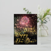 ハッピーニューイヤー金ゴールドタイポグラフィ花火垂直 箔シーズンポストカード (立ち正面)