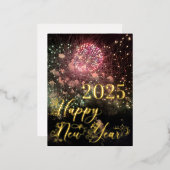 ハッピーニューイヤー金ゴールドタイポグラフィ花火垂直 箔シーズンポストカード (正面/裏面)