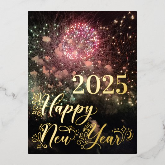 ハッピーニューイヤー金ゴールドタイポグラフィ花火垂直 箔シーズンポストカード (正面)