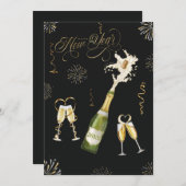 ハッピーニューイヤー金ゴールドブラックシャンパン花火 シーズンカード (正面/裏面)