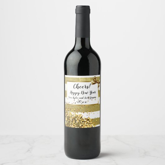 ハッピーニューイヤー金ゴールド紙吹雪とボウ ワインラベル (正面)