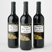 ハッピーニューイヤー金ゴールド紙吹雪とボウ ワインラベル (ボトル)