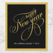 ハッピーニューイヤー金ゴールド&ブラックタイポグラフィワインラベル ワインラベル (シングルラベル)