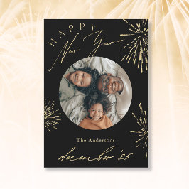 ハッピーニューイヤー黒い金ゴールド花火の写真 シーズンカード
