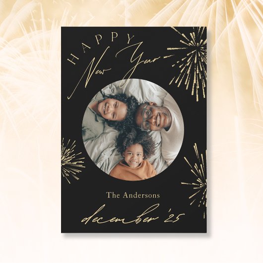ハッピーニューイヤー黒い金ゴールド花火の写真 シーズンカード