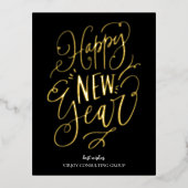 ハッピーニューイヤー黒金ゴールドスクリプトモダンビジネス 箔シーズンポストカード (正面)