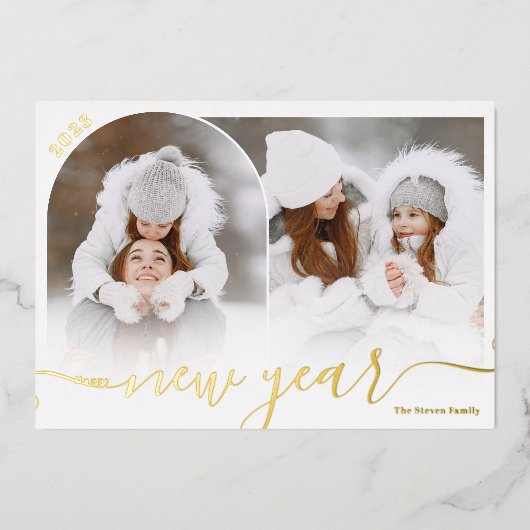 ハッピーニューイヤー黒2フォトアーチオーバーレイコラージュ 箔シーズンカード (正面)