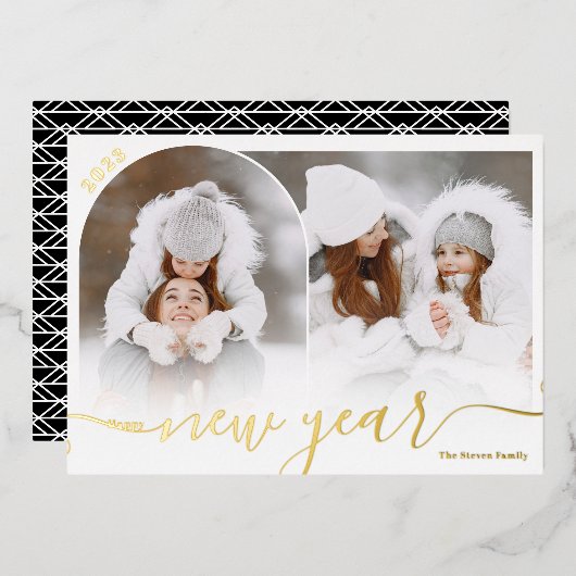 ハッピーニューイヤー黒2フォトアーチオーバーレイコラージュ 箔シーズンカード (正面/裏面)