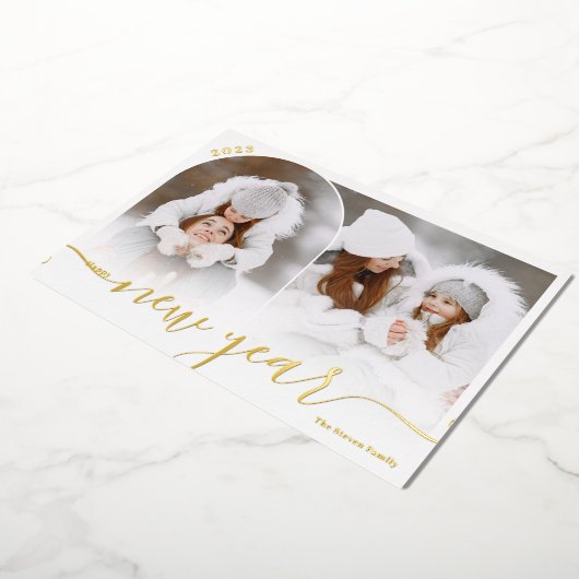 ハッピーニューイヤー黒2フォトアーチオーバーレイコラージュ 箔シーズンカード (回転した状態)