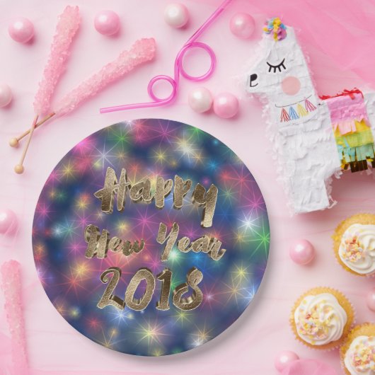 ハッピーニューイヤー2018レインボースターズタイポグラフィ ペーパープレート (パーティー)