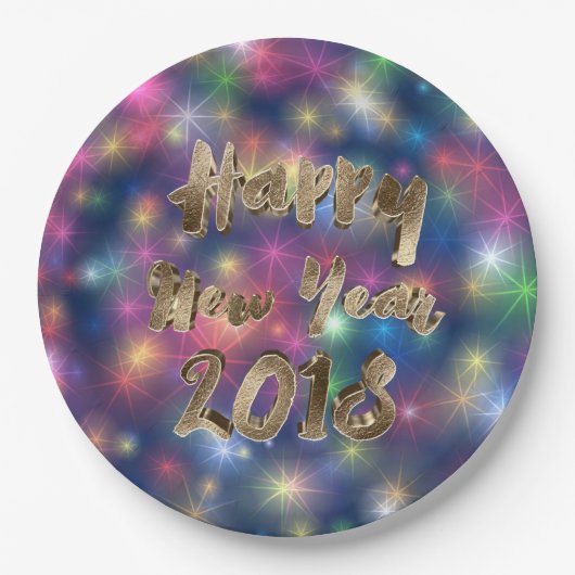 ハッピーニューイヤー2018レインボースターズタイポグラフィ ペーパープレート (正面)