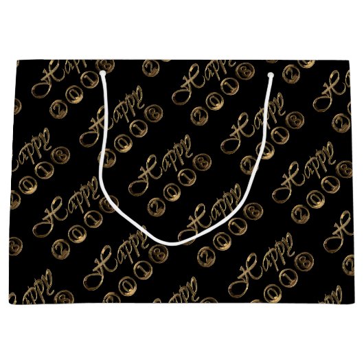 ハッピーニューイヤー2018黒エレガント金ゴールドタイポグラフィ ラージペーパーバッグ (正面)