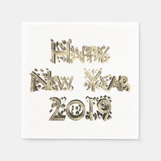 ハッピーニューイヤー2019エレガントフェイク金ゴールドタイポグラフィ スタンダードカクテルナプキン (正面)
