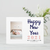 ハッピーニューイヤー2021タイポグラフィネイビー赤面写真 シーズンカード (スタンド正面)