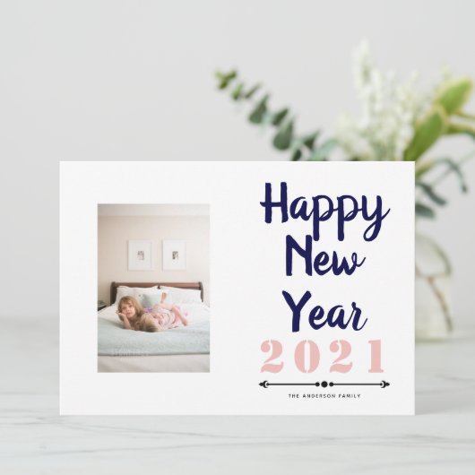 ハッピーニューイヤー2021タイポグラフィネイビー赤面写真 シーズンカード (スタンド正面)