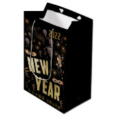 ハッピーニューイヤー2022ホリデー金ゴールドグリッターフェスティバル ミディアムペーパーバッグ (正面アングル)