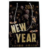 ハッピーニューイヤー2022ホリデー金ゴールドグリッターフェスティバル ミディアムペーパーバッグ (正面)