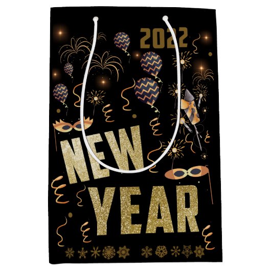 ハッピーニューイヤー2022ホリデー金ゴールドグリッターフェスティバル ミディアムペーパーバッグ (正面)