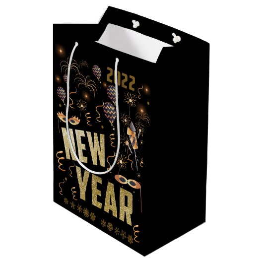 ハッピーニューイヤー2022ホリデー金ゴールドグリッターフェスティバル ミディアムペーパーバッグ (裏面アングル)