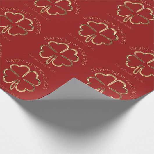 ハッピーニューイヤー2023またはあなたのテキスト4葉クローバー ラッピングペーパー (角)