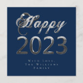 ハッピーニューイヤー2023シックなブルーシルバーグレーのスクリプト シーズンカード (正面)
