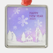 ハッピーニューイヤー2023パープルホワイトスノーハウス メタルオーナメント (正面)