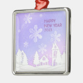 ハッピーニューイヤー2023パープルホワイトスノーハウス メタルオーナメント (左)