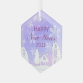 ハッピーニューイヤー2023パープルホワイトハウススノー ガラスオーナメント (正面左)