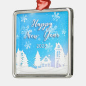 ハッピーニューイヤー2023ブルーホワイトハウススノー メタルオーナメント (左)
